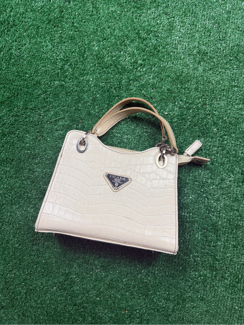 Prada Cream Croc-Embossed Top-Handle Satchel with Silver Logo